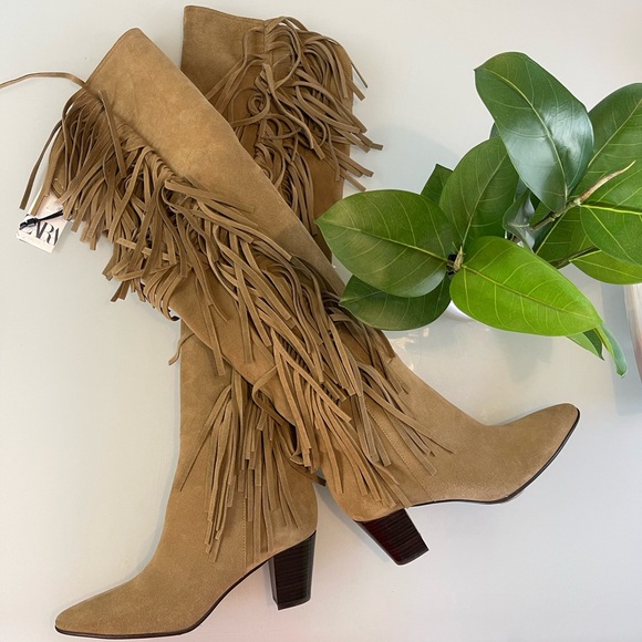 Zara Split Suede Cowboy Boots with Fringes - Picture 1 of 11